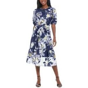 MSRP $138 NWT London Times Navy Floral Belted Midi Dress Size L SAME DAY SHIP